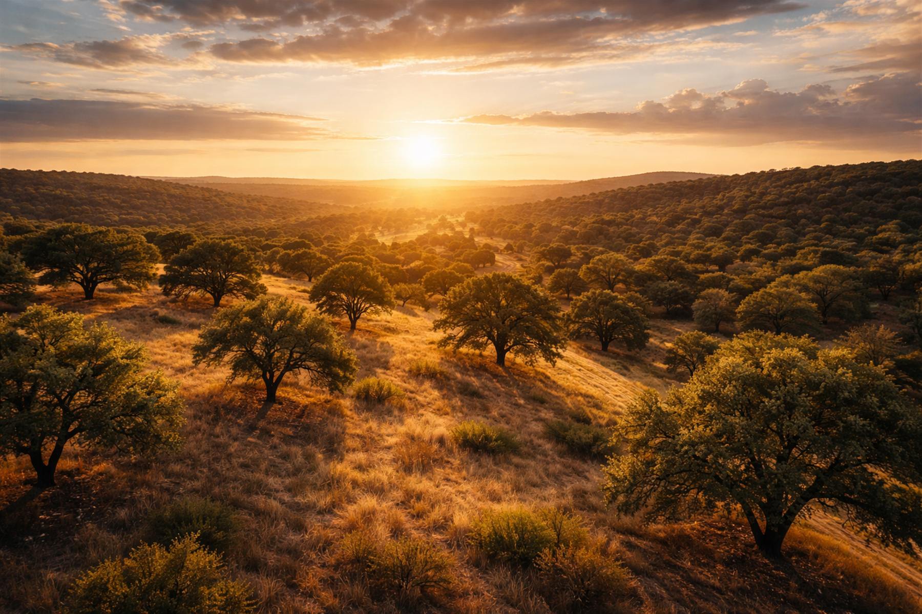 Oak-covered Texas Hill Country at sunset